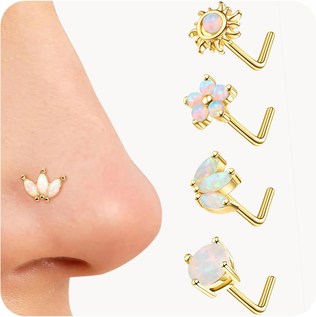 JOERICA Nose Rings Studs for Women Stainless Steel L Shaped Nose Studs Tiny Opal CZ Sunflower Turquoise Bee Planet Geometric Nose Piercing Jewelry - QIAO CrystalQIAO CrystalQIAO Crystal
