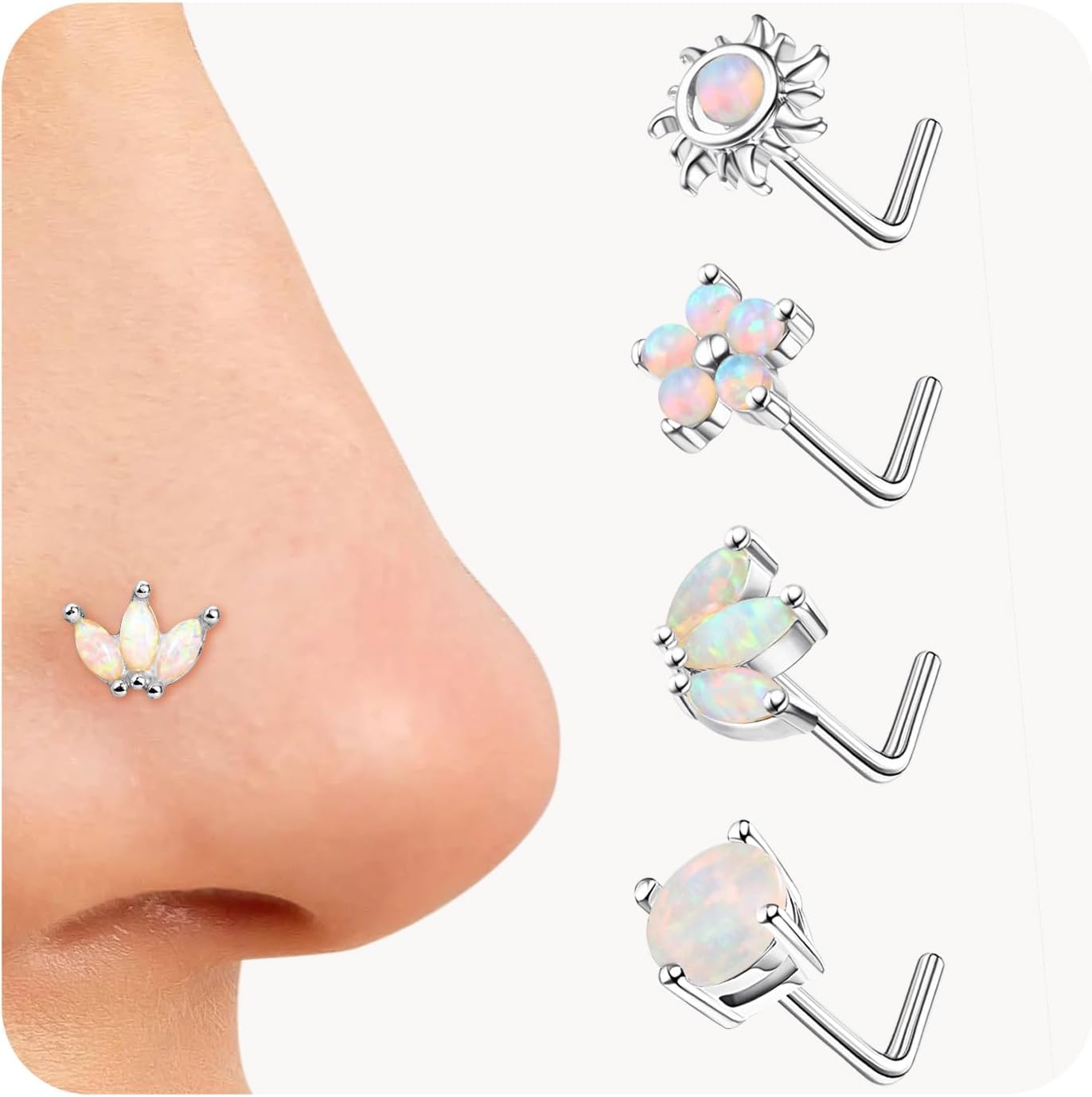 JOERICA Nose Rings Studs for Women Stainless Steel L Shaped Nose Studs Tiny Opal CZ Sunflower Turquoise Bee Planet Geometric Nose Piercing Jewelry - QIAO CrystalQIAO CrystalQIAO Crystal
