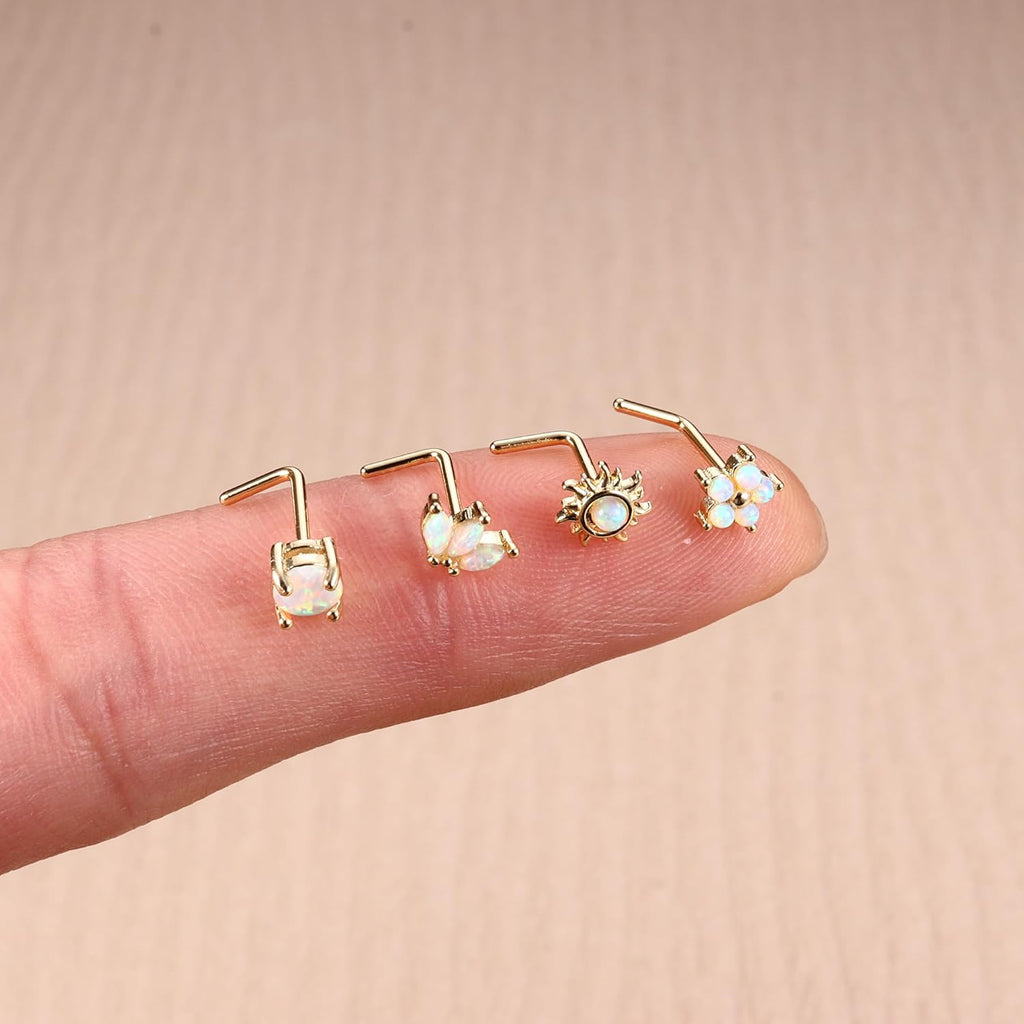 JOERICA Nose Rings Studs for Women Stainless Steel L Shaped Nose Studs Tiny Opal CZ Sunflower Turquoise Bee Planet Geometric Nose Piercing Jewelry - QIAO CrystalQIAO CrystalQIAO Crystal