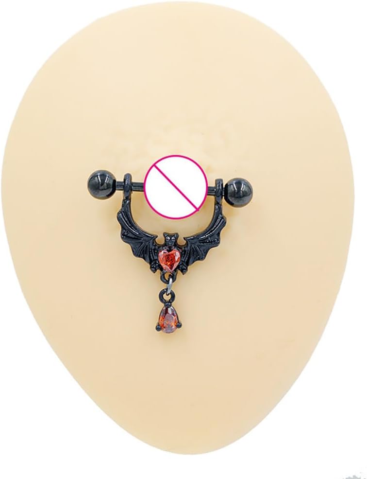 Kokoma 14G Gothic Bat Nipple Rings with Red Crystal Heart for Women CZ Dangling Charm Nipplerings Barbell Nipple Piercings Body Piercing Jewelry for Halloween Costume Party - QIAO CrystalQIAO CrystalQIAO Crystal
