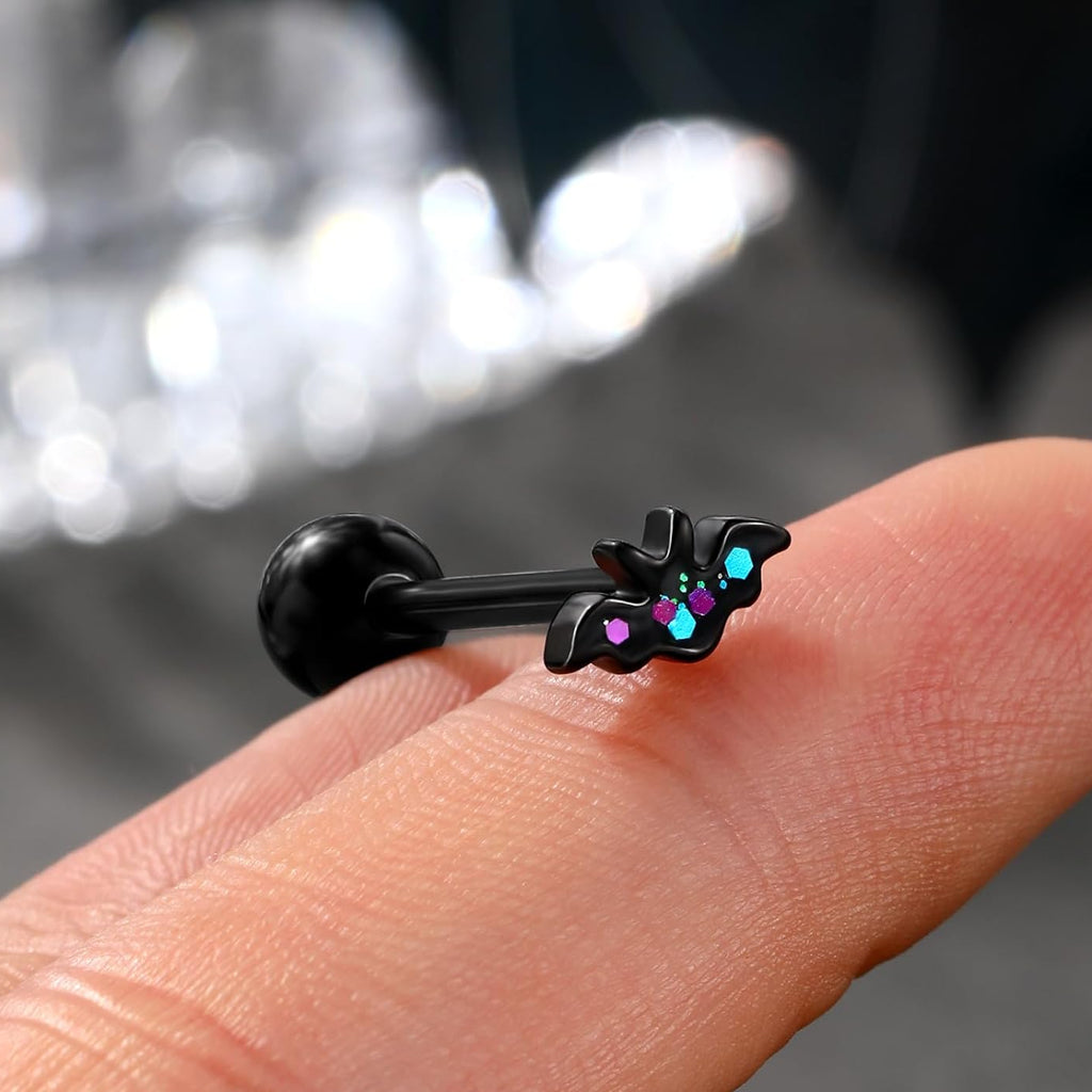 Melighting 14G Halloween Bat Spider Tongue Bar - 316L Stainless Steel, Internally Threaded Black Tongue Piercing Jewelry - QIAO CrystalQIAO CrystalQIAO Crystal
