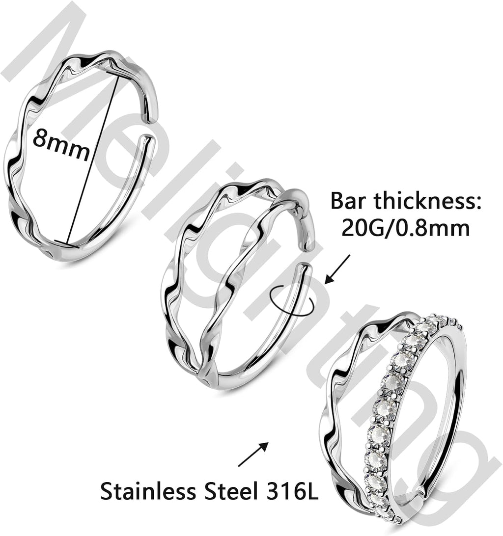 Melighting 20G 3PCS Twist Nose Rings Hoop, Stainless Steel 316L Double Nose Studs Set, 8 mm Seamless Open Earrings, Silver Helix Cartilage Conch Lobe Daith Piercing Jewelry for Women - QIAO CrystalQIAO CrystalQIAO Crystal