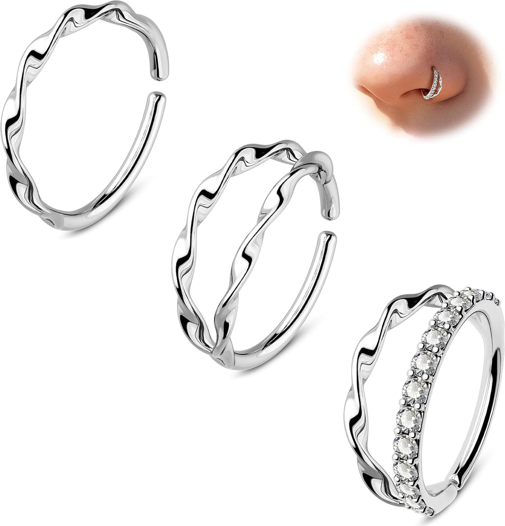 Melighting 20G 3PCS Twist Nose Rings Hoop, Stainless Steel 316L Double Nose Studs Set, 8 mm Seamless Open Earrings, Silver Helix Cartilage Conch Lobe Daith Piercing Jewelry for Women - QIAO CrystalQIAO CrystalQIAO Crystal