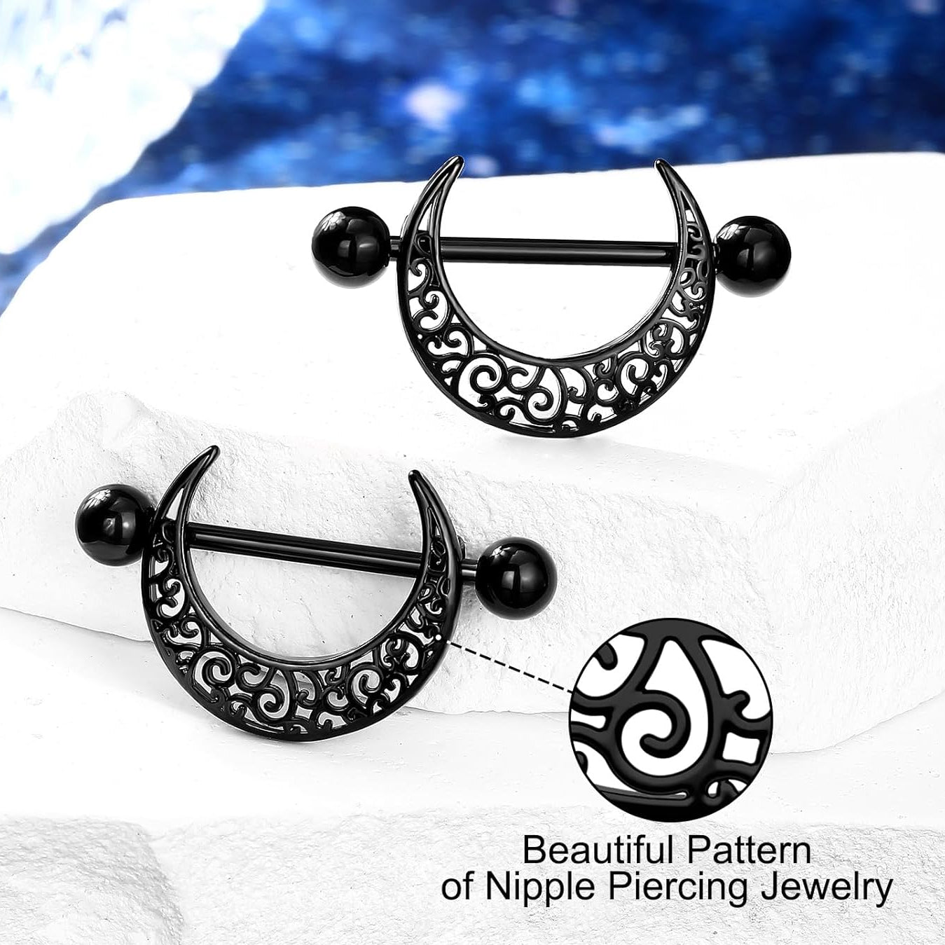 Melighting Black Nipple Rings 14G Pattern Piercing Jewelry for Women - Stainless Steel 316L Moon Barbell - QIAO CrystalQIAO CrystalQIAO Crystal