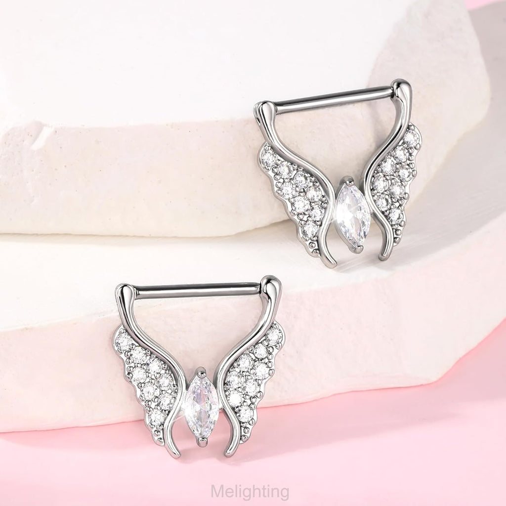 Melighting Butterfly Nipple Rings 14G Nipple Piercing 316L Stainless Steel Nipple Clicker Nipple Jewelry Clear CZ Nipple Piercing Jewelry For Women 14 mm - QIAO CrystalQIAO CrystalQIAO Crystal
