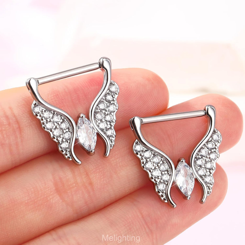 Melighting Butterfly Nipple Rings 14G Nipple Piercing 316L Stainless Steel Nipple Clicker Nipple Jewelry Clear CZ Nipple Piercing Jewelry For Women 14 mm - QIAO CrystalQIAO CrystalQIAO Crystal