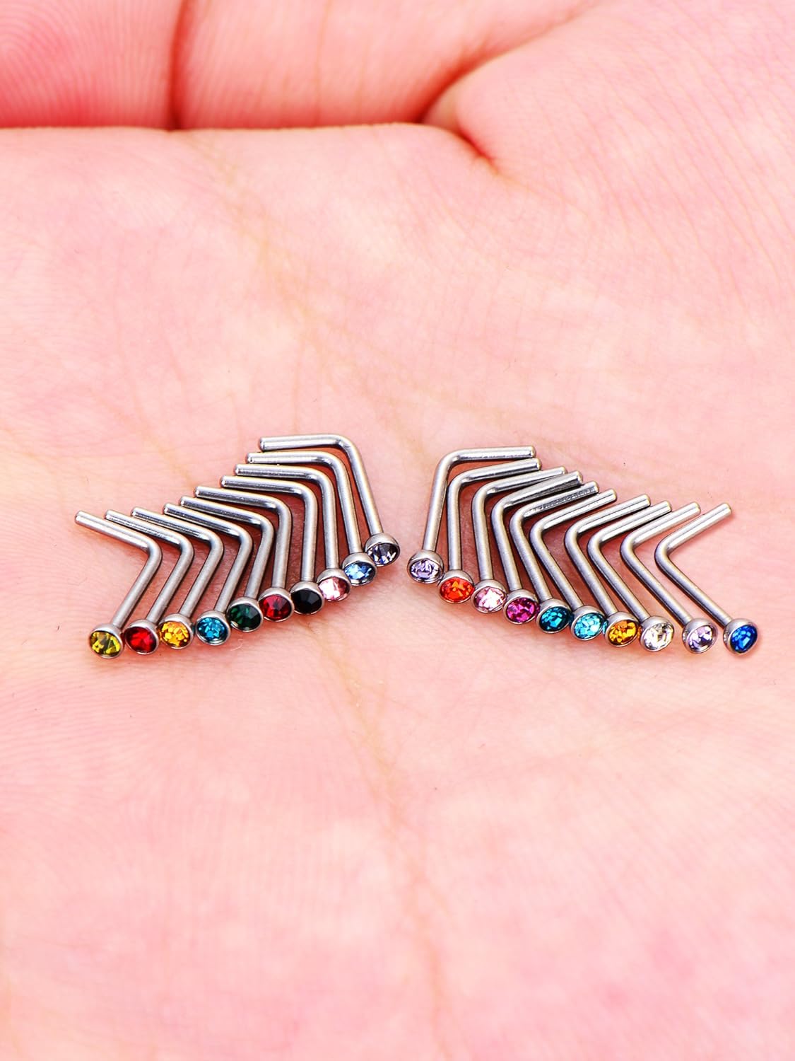 Mudder 20 Pieces Curved Nose Stud Stainless Steel Nose Ring Crystals L Bend Nose Screw Piercing, 20 Gauge (15 Colors) - QIAO CrystalQIAO CrystalQIAO Crystal
