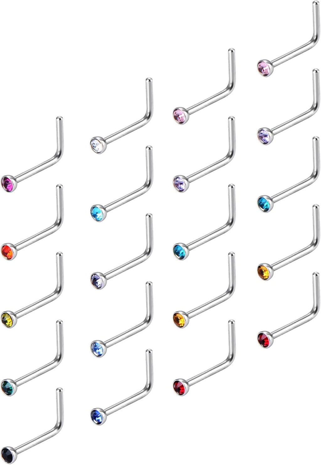Mudder 20 Pieces Curved Nose Stud Stainless Steel Nose Ring Crystals L Bend Nose Screw Piercing, 20 Gauge (15 Colors) - QIAO CrystalQIAO CrystalQIAO Crystal