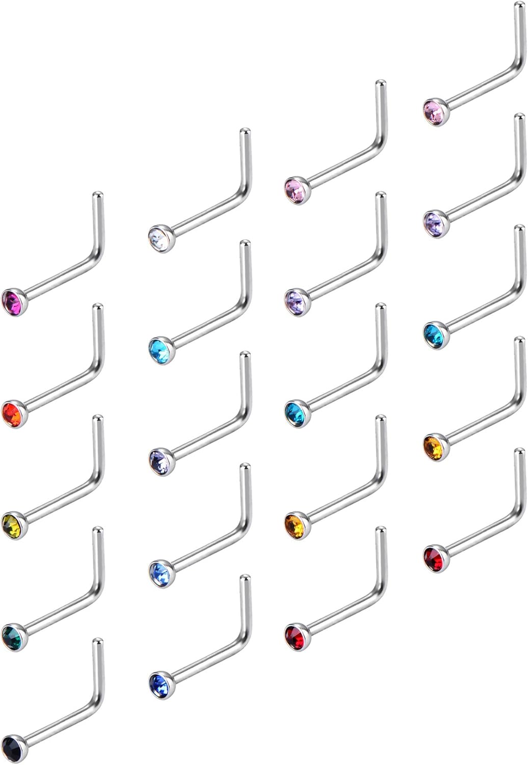 Mudder 20 Pieces Curved Nose Stud Stainless Steel Nose Ring Crystals L Bend Nose Screw Piercing, 20 Gauge (15 Colors) - QIAO CrystalQIAO CrystalQIAO Crystal