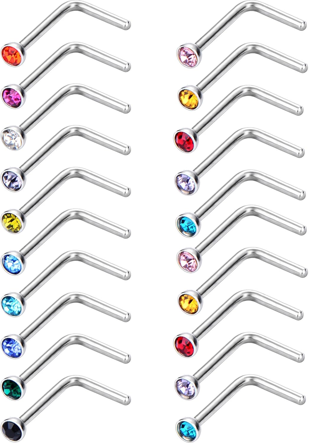 Mudder 20 Pieces Curved Nose Stud Stainless Steel Nose Ring Crystals L Bend Nose Screw Piercing, 20 Gauge (15 Colors) - QIAO CrystalQIAO CrystalQIAO Crystal