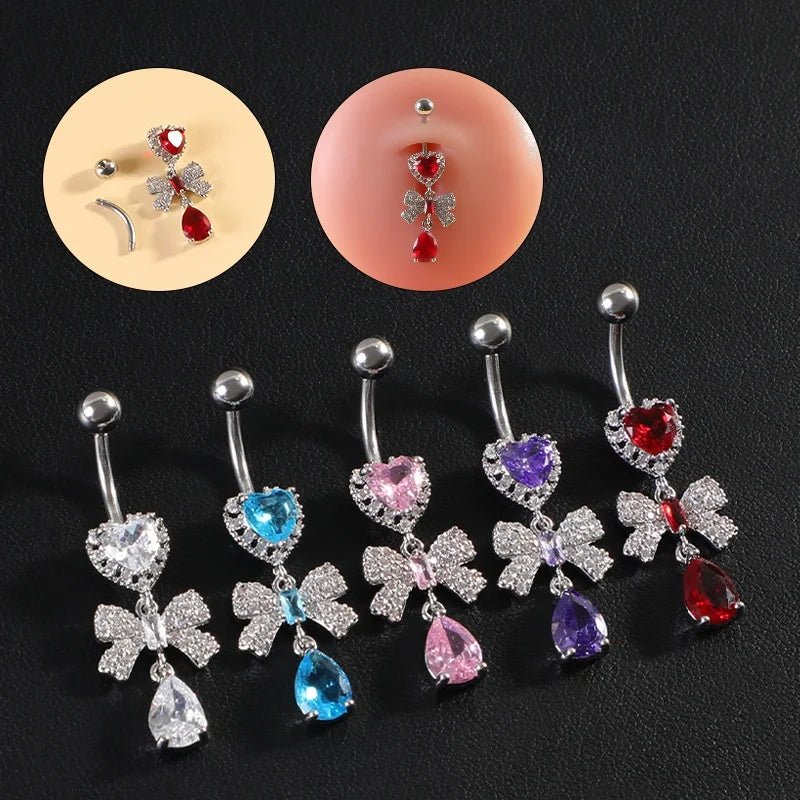 New 316L Stainless Steel Umbilical Ring Peach Heart Zircon 10mm Sexy Nail Body Jewelry Piercing Bow Design Abdominal Piercing - QIAO CrystalQIAO CrystalQIAO Crystal