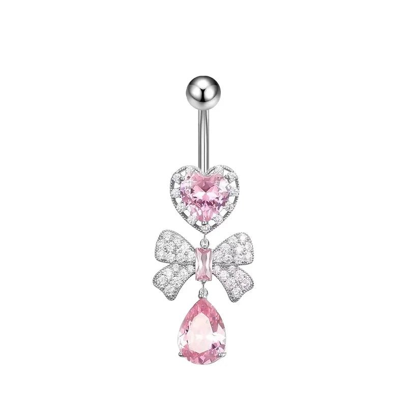 New 316L Stainless Steel Umbilical Ring Peach Heart Zircon 10mm Sexy Nail Body Jewelry Piercing Bow Design Abdominal Piercing - QIAO CrystalQIAO CrystalQIAO Crystal