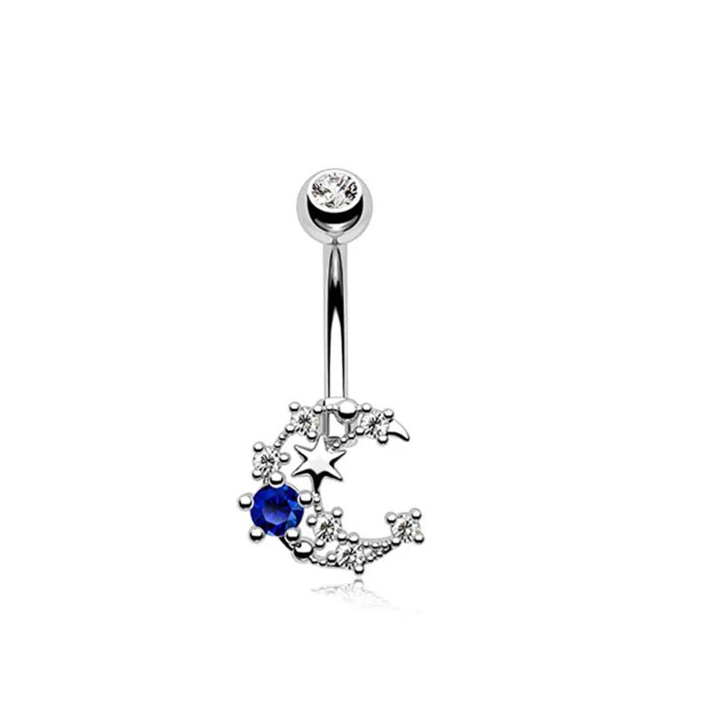 New 5 - piece set, simple moon water drop design 316L stainless steel umbilical ring set, blue planet zircon perforated nail buckle for children - QIAO CrystalQIAO CrystalQIAO Crystal