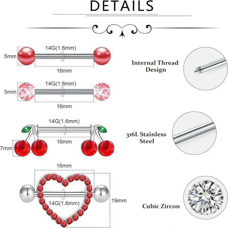 14 Gauge Nipple Piercing Nipple Jewelry 316L Stainless Steel Heart Cherry Nipple Barbell
