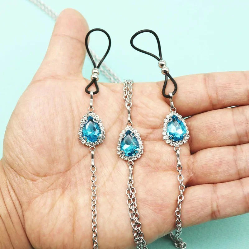 Rhinestone Water Drop Faux Nipple Chain Noose Body Non Heart Chokers Necklaces