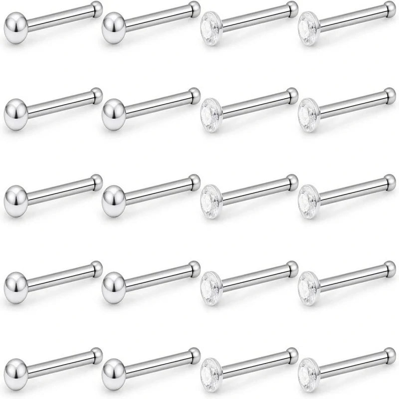 1.5mm 2mm 2.5mm 3mm 22G 20PCS Surgical Steel Bone Nose Rings Pin Clear Diamond