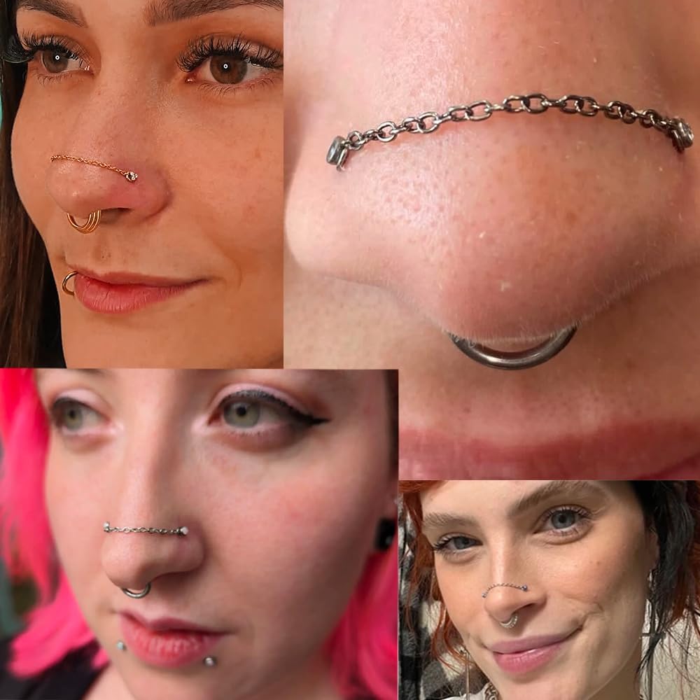 Nose Rings Chain Studs Piercings Jewelry for Women Men 18G 20G G23 Titanium Across Nostril Jewelry - QIAO CrystalQIAO CrystalQIAO Crystal