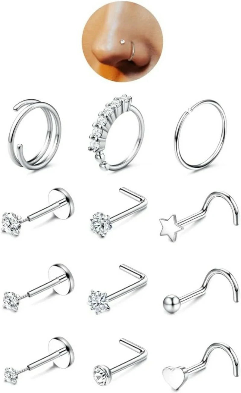 14K Gold Filled Hypoallergenic Surgical Steel Nose Ring Hoops CZ Lip Ring Screw L Shaped Studs