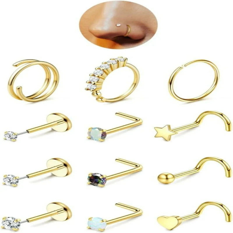 14K Gold Filled Hypoallergenic Surgical Steel Nose Ring Hoops CZ Lip Ring Screw L Shaped Studs