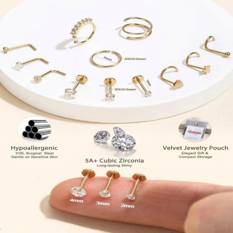 14K Gold Filled Hypoallergenic Surgical Steel Nose Ring Hoops CZ Lip Ring Screw L Shaped Studs