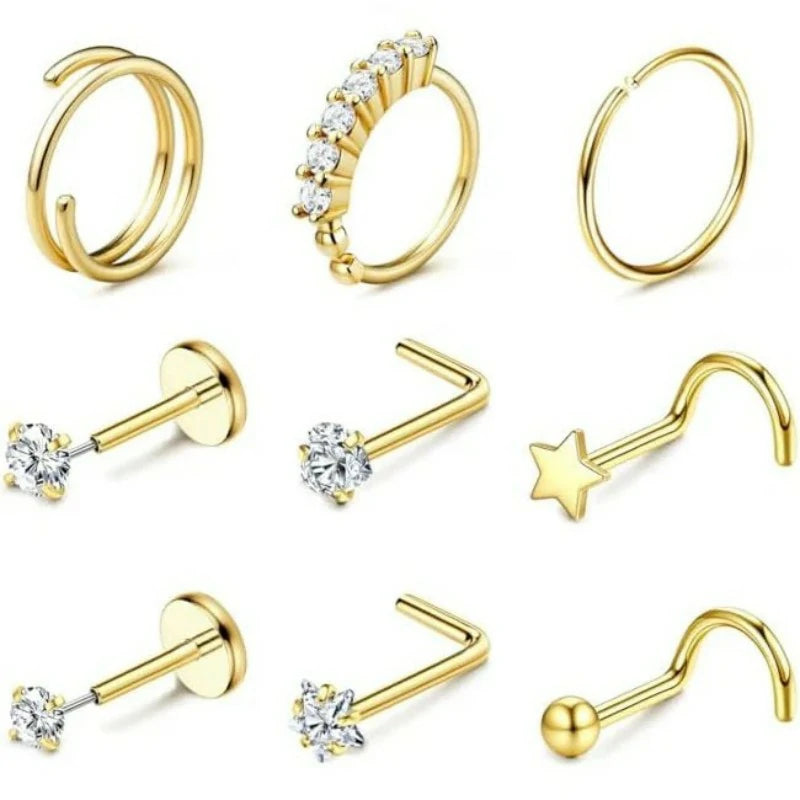 14K Gold Filled Hypoallergenic Surgical Steel Nose Ring Hoops CZ Lip Ring Screw L Shaped Studs