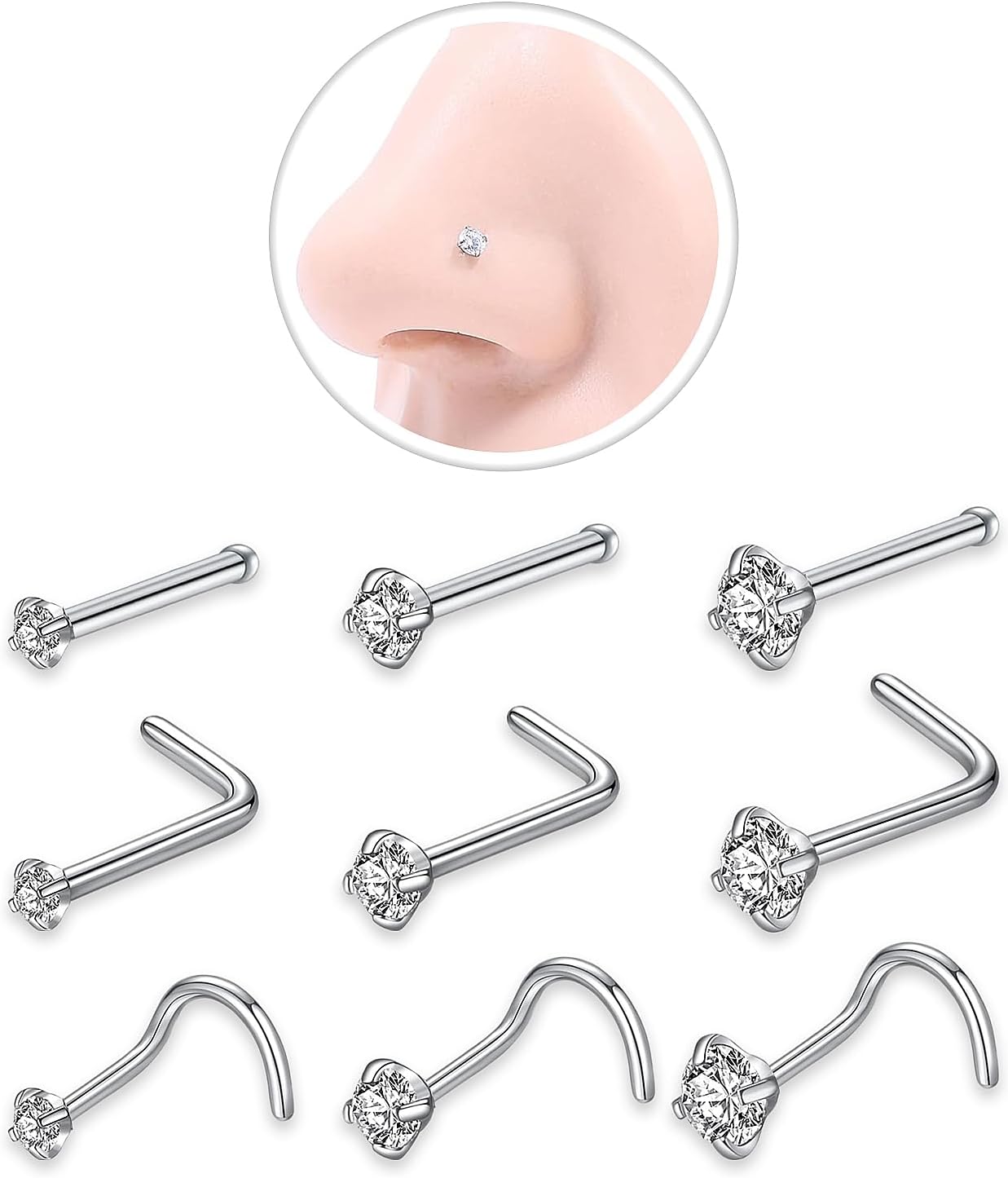 Nose Rings Hoop and Nose Studs Sets for Women Men,Hypoallergenic 316L Surgical Stainless Steel Hinged Clicker Segment Nose Rings Hoop Helix Cartilage Daith Tragus Sleeper Earrings Silver Gold Black L Shape/Corkscrew/Straight Nose Studs Real Body Piercing - QIAO CrystalQIAO CrystalQIAO Crystal