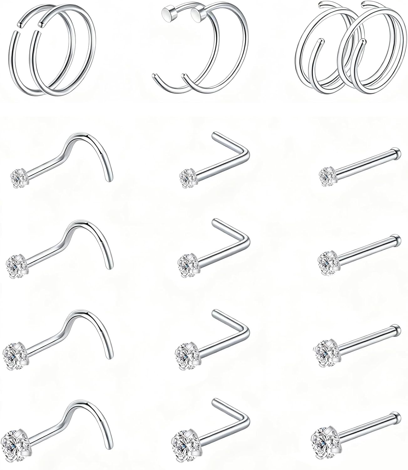 Nose Rings Hoop and Nose Studs Sets for Women Men,Hypoallergenic 316L Surgical Stainless Steel Hinged Clicker Segment Nose Rings Hoop Helix Cartilage Daith Tragus Sleeper Earrings Silver Gold Black L Shape/Corkscrew/Straight Nose Studs Real Body Piercing - QIAO CrystalQIAO CrystalQIAO Crystal