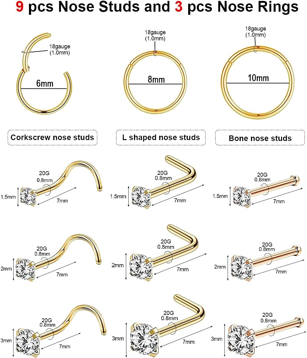 Nose Rings Hoop and Nose Studs Sets for Women Men,Hypoallergenic 316L Surgical Stainless Steel Hinged Clicker Segment Nose Rings Hoop Helix Cartilage Daith Tragus Sleeper Earrings Silver Gold Black L Shape/Corkscrew/Straight Nose Studs Real Body Piercing - QIAO CrystalQIAO CrystalQIAO Crystal