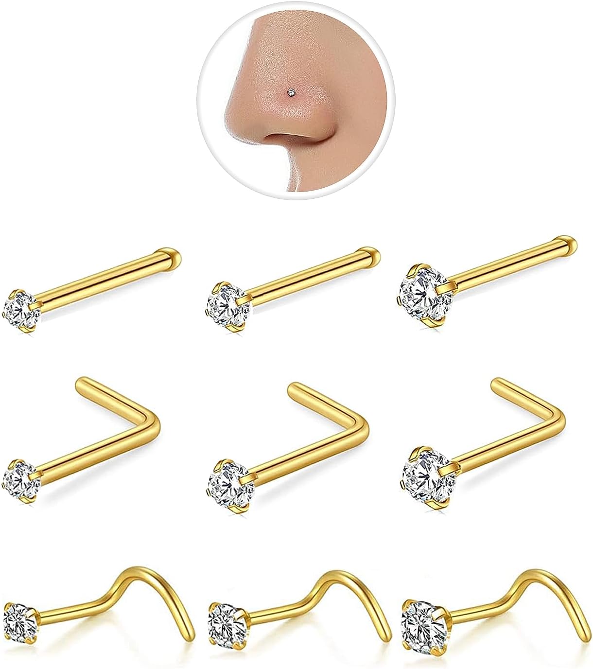 Nose Rings Hoop and Nose Studs Sets for Women Men,Hypoallergenic 316L Surgical Stainless Steel Hinged Clicker Segment Nose Rings Hoop Helix Cartilage Daith Tragus Sleeper Earrings Silver Gold Black L Shape/Corkscrew/Straight Nose Studs Real Body Piercing - QIAO CrystalQIAO CrystalQIAO Crystal