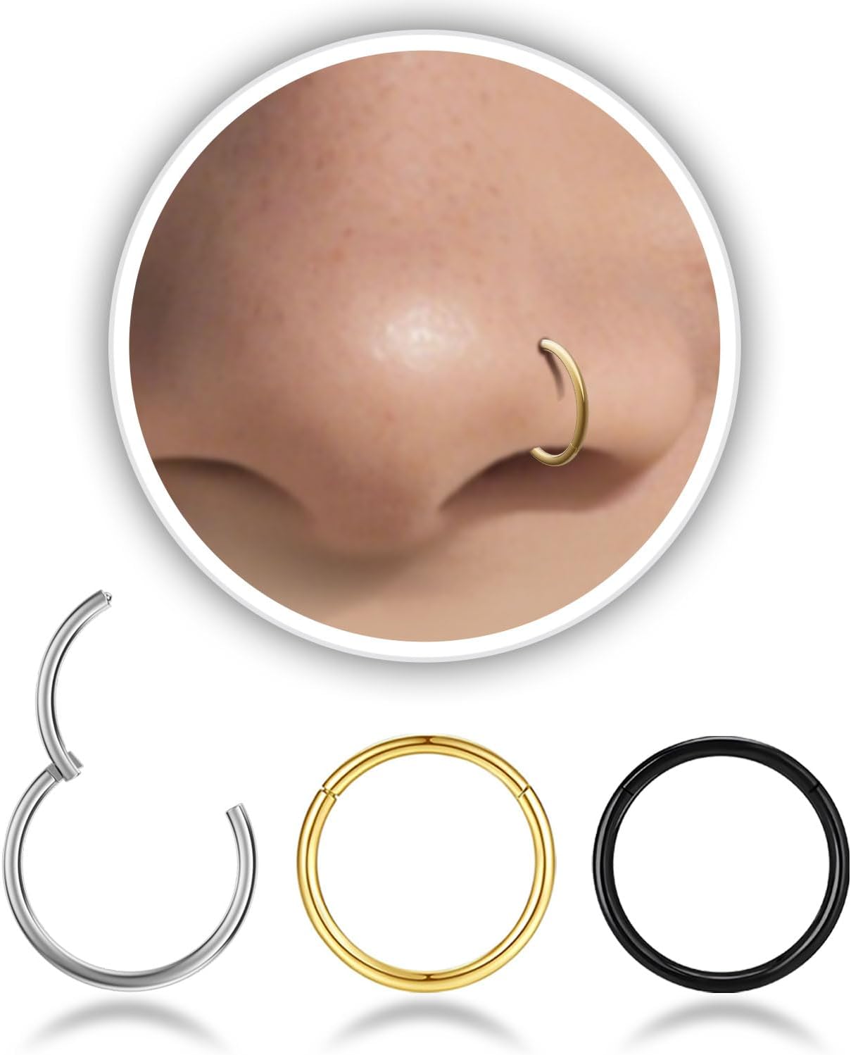 Nose Rings Hoop and Nose Studs Sets for Women Men,Hypoallergenic 316L Surgical Stainless Steel Hinged Clicker Segment Nose Rings Hoop Helix Cartilage Daith Tragus Sleeper Earrings Silver Gold Black L Shape/Corkscrew/Straight Nose Studs Real Body Piercing - QIAO CrystalQIAO CrystalQIAO Crystal