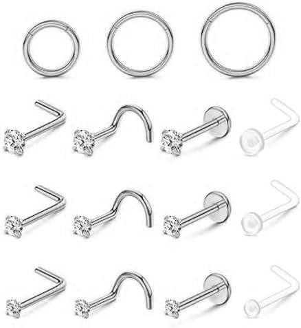 Nose Rings Hoop and Nose Studs Sets for Women Men,Hypoallergenic 316L Surgical Stainless Steel Hinged Clicker Segment Nose Rings Hoop Helix Cartilage Daith Tragus Sleeper Earrings Silver Gold Black L Shape/Corkscrew/Straight Nose Studs Real Body Piercing - QIAO CrystalQIAO CrystalQIAO Crystal