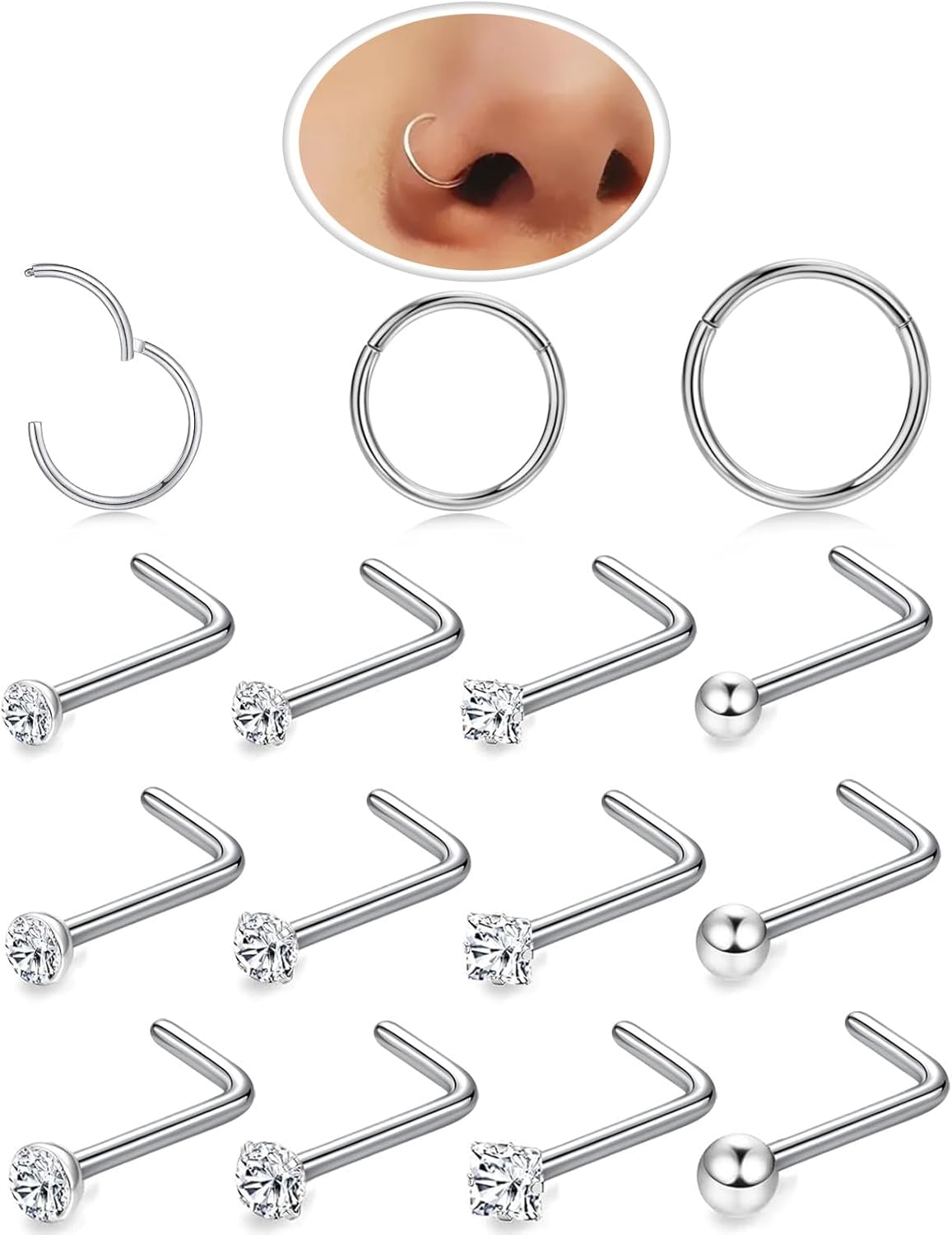Nose Rings Hoop and Nose Studs Sets for Women Men,Hypoallergenic 316L Surgical Stainless Steel Hinged Clicker Segment Nose Rings Hoop Helix Cartilage Daith Tragus Sleeper Earrings Silver Gold Black L Shape/Corkscrew/Straight Nose Studs Real Body Piercing - QIAO CrystalQIAO CrystalQIAO Crystal
