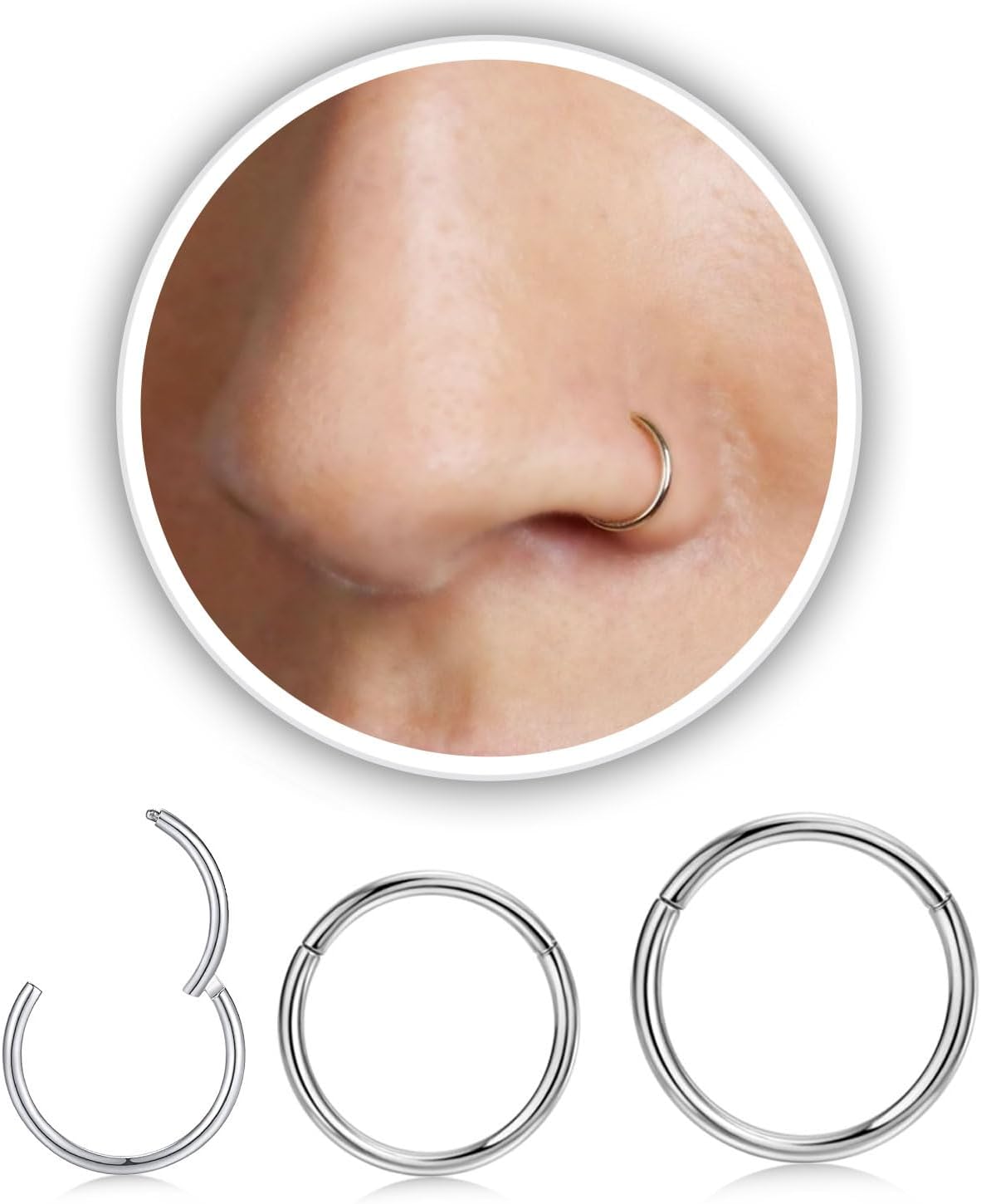Nose Rings Hoop and Nose Studs Sets for Women Men,Hypoallergenic 316L Surgical Stainless Steel Hinged Clicker Segment Nose Rings Hoop Helix Cartilage Daith Tragus Sleeper Earrings Silver Gold Black L Shape/Corkscrew/Straight Nose Studs Real Body Piercing - QIAO CrystalQIAO CrystalQIAO Crystal