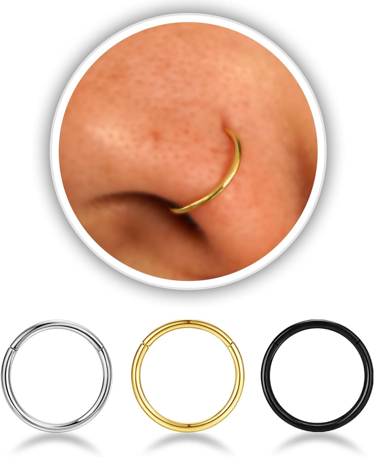 Nose Rings Hoop and Nose Studs Sets for Women Men,Hypoallergenic 316L Surgical Stainless Steel Hinged Clicker Segment Nose Rings Hoop Helix Cartilage Daith Tragus Sleeper Earrings Silver Gold Black L Shape/Corkscrew/Straight Nose Studs Real Body Piercing - QIAO CrystalQIAO CrystalQIAO Crystal