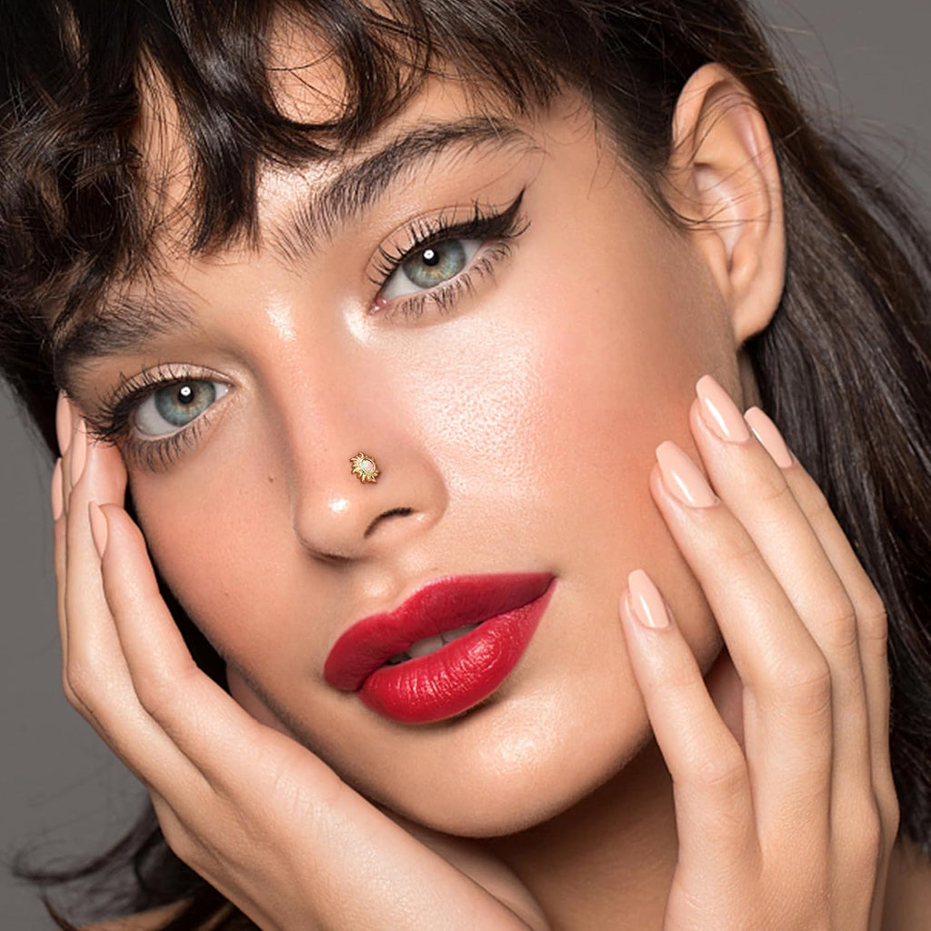 Nose Rings Studs for Women Stainless Steel L Shaped Nose Studs Tiny Opal CZ Sunflower Turquoise Bee Planet Geometric Nose Piercing Jewelry - QIAO CrystalQIAO CrystalQIAO Crystal