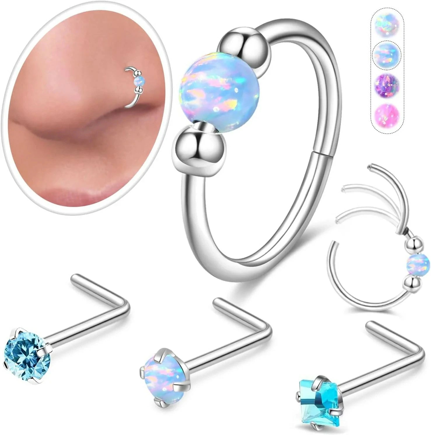 Opal Nose Rings Hoops and Corkscrew Nose Studs Hypoallergenic 316L Surgical Stainless