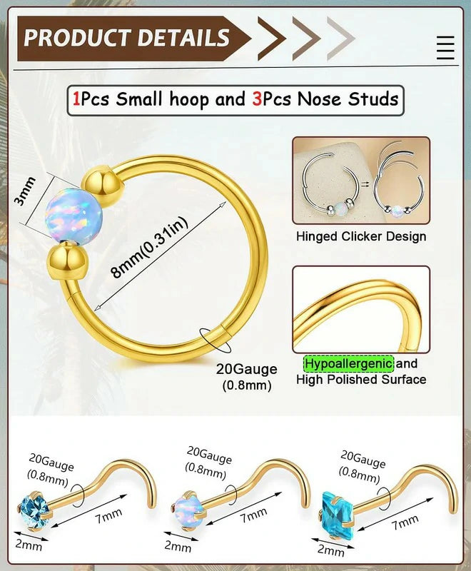 Opal Nose Rings Hoops and Corkscrew Nose Studs Hypoallergenic 316L Surgical Stainless