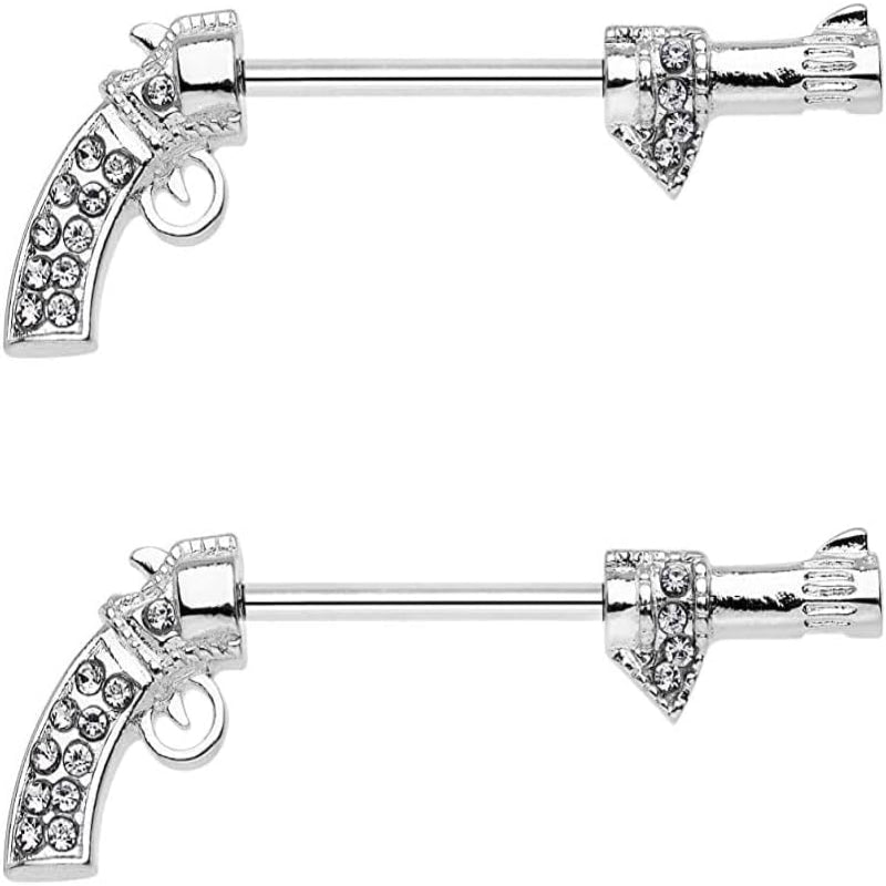 Pair of Pistol Revolver Nipple Barbell Rings 14 Gauge 9/16 Inch Barbell Body Piercing Jewelry F211 - QIAO CrystalQIAO CrystalQIAO Crystal