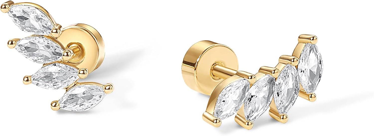 PAVOI 14K Gold Plated 925 Sterling Silver Post Navette CZ Crawler Flat Back Earrings for Women | Small Cartilage Cubic Zirconia Stud Earring | Helix Piercing Jewelry - QIAO CrystalQIAO CrystalQIAO Crystal