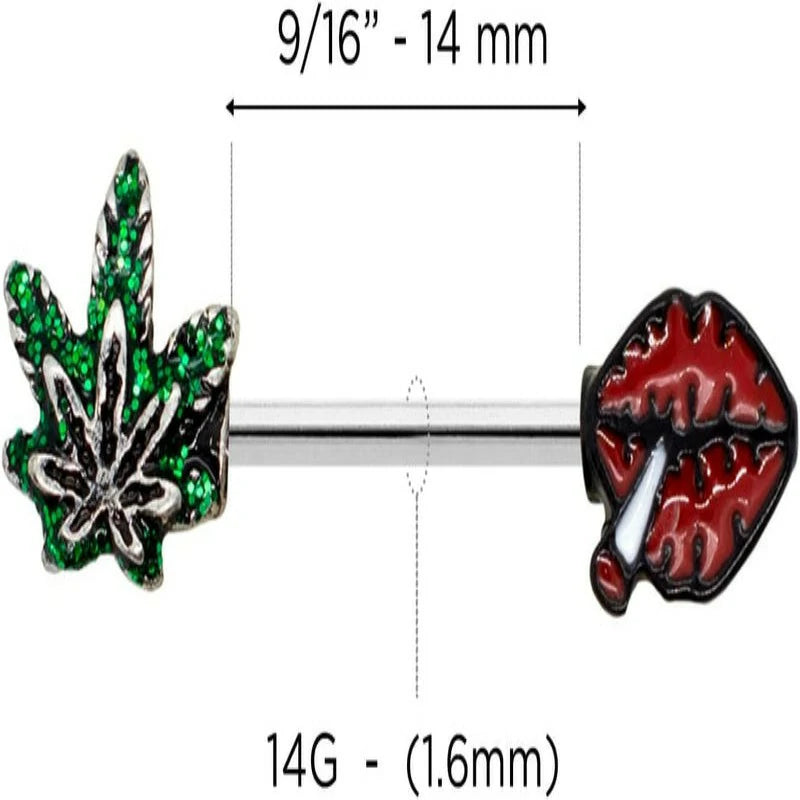 14G Barbell Marijuana Weed Leaf and Lips Smoking Cute Nipple Rings Nipple Piercing