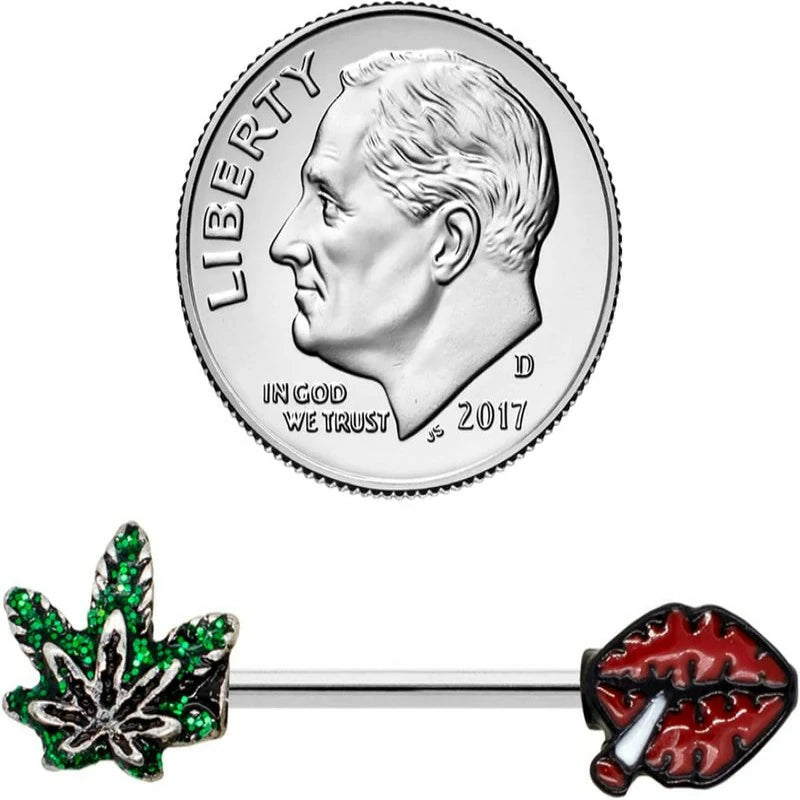 14G Barbell Marijuana Weed Leaf and Lips Smoking Cute Nipple Rings Nipple Piercing