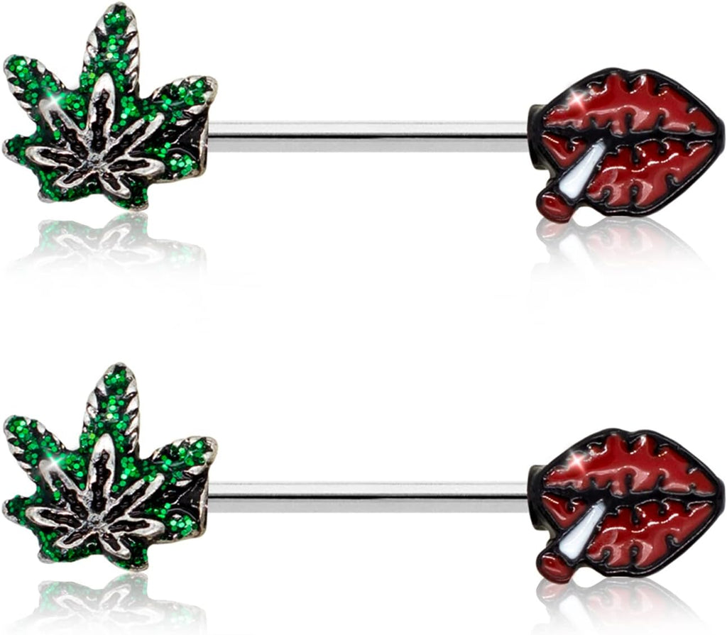 Pierce2GO 14G Nipple Piercing Surgical Stainless - Steel Set of 2 Barbell Marijuana Weed Leaf and Lips Smoking Cute Nipple Rings Nipple Piercing Jewelry for Women - 9/16" Barbell (Green) - QIAO CrystalQIAO CrystalQIAO Crystal