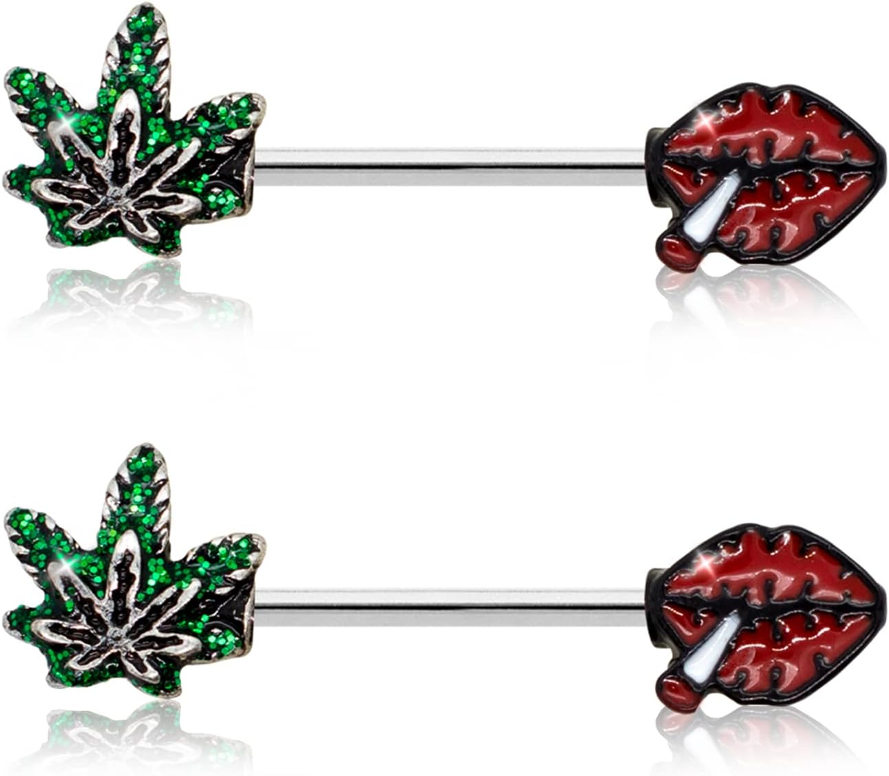 Pierce2GO 14G Nipple Piercing Surgical Stainless - Steel Set of 2 Barbell Marijuana Weed Leaf and Lips Smoking Cute Nipple Rings Nipple Piercing Jewelry for Women - 9/16" Barbell (Green) - QIAO CrystalQIAO CrystalQIAO Crystal