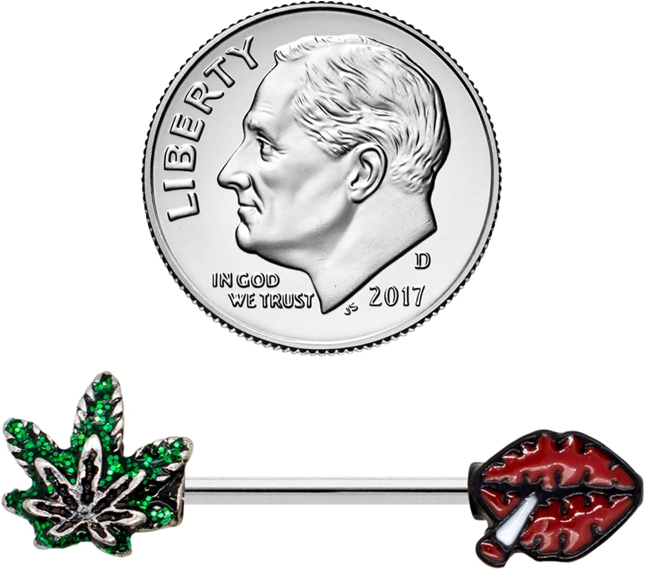 Pierce2GO 14G Nipple Piercing Surgical Stainless - Steel Set of 2 Barbell Marijuana Weed Leaf and Lips Smoking Cute Nipple Rings Nipple Piercing Jewelry for Women - 9/16" Barbell (Green) - QIAO CrystalQIAO CrystalQIAO Crystal