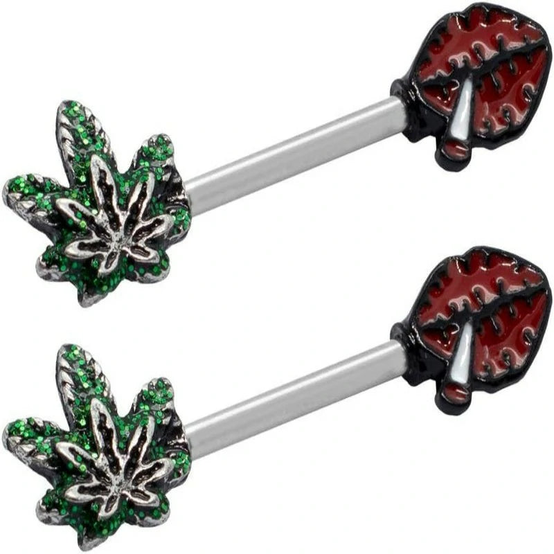 14G Barbell Marijuana Weed Leaf and Lips Smoking Cute Nipple Rings Nipple Piercing