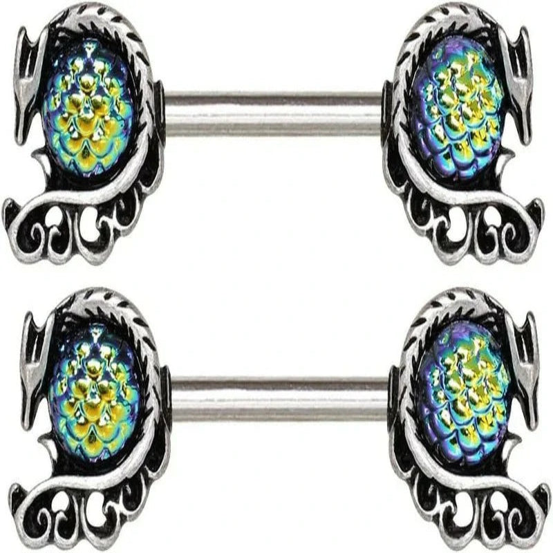 14GA 316L Stainless Steel Blue Green Cabochon Dragon Nipple Barbells