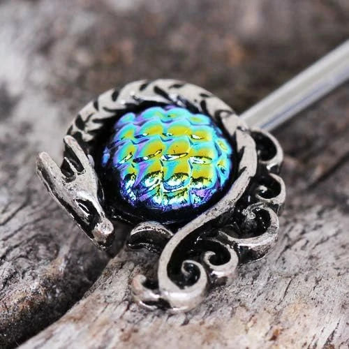 14GA 316L Stainless Steel Blue Green Cabochon Dragon Nipple Barbells