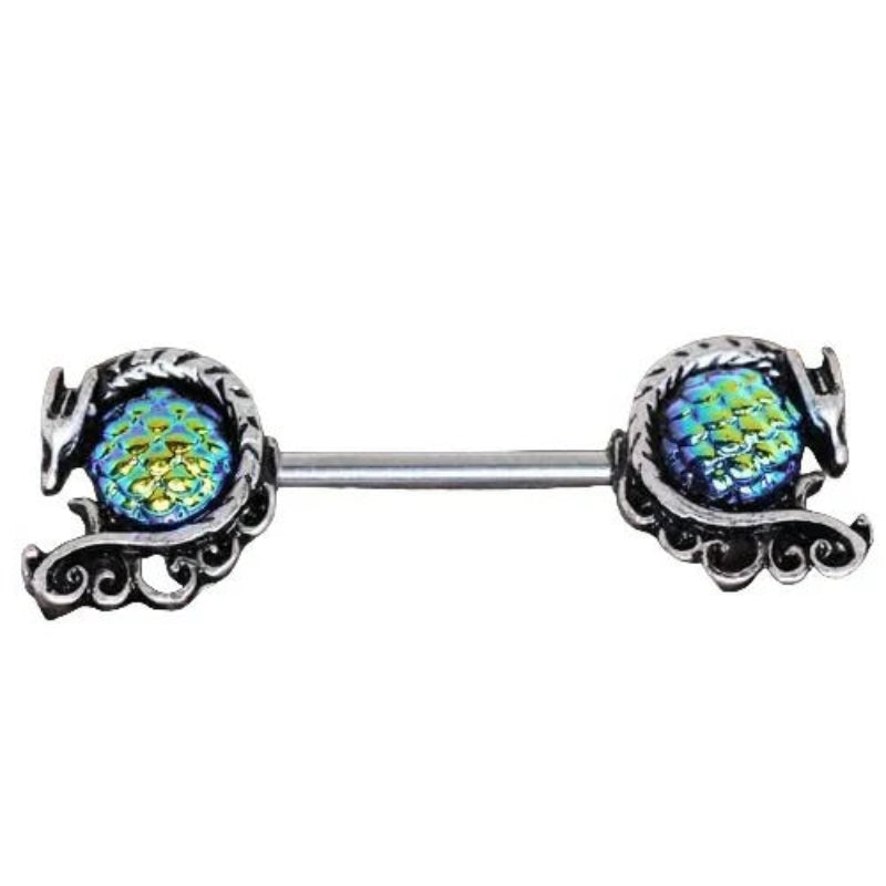 14GA 316L Stainless Steel Blue Green Cabochon Dragon Nipple Barbells