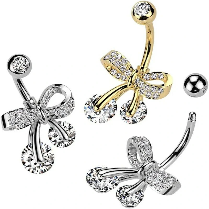 Pierced Owl 14GA 316L Stainless Steel CZ Crystal Paved Bow Ribbon Belly Button Ring