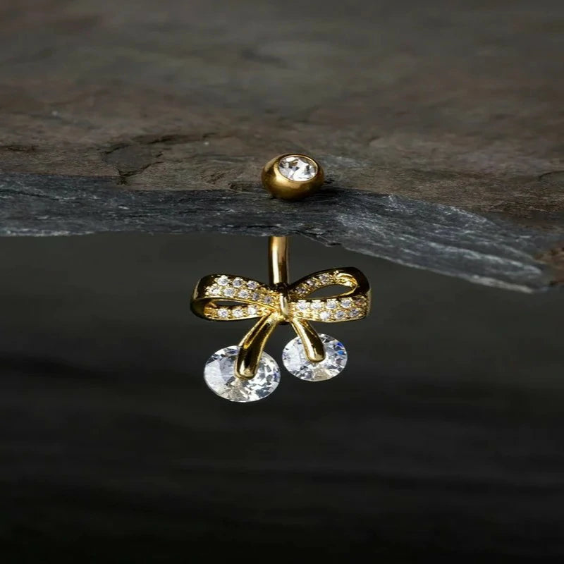 Pierced Owl 14GA 316L Stainless Steel CZ Crystal Paved Bow Ribbon Belly Button Ring